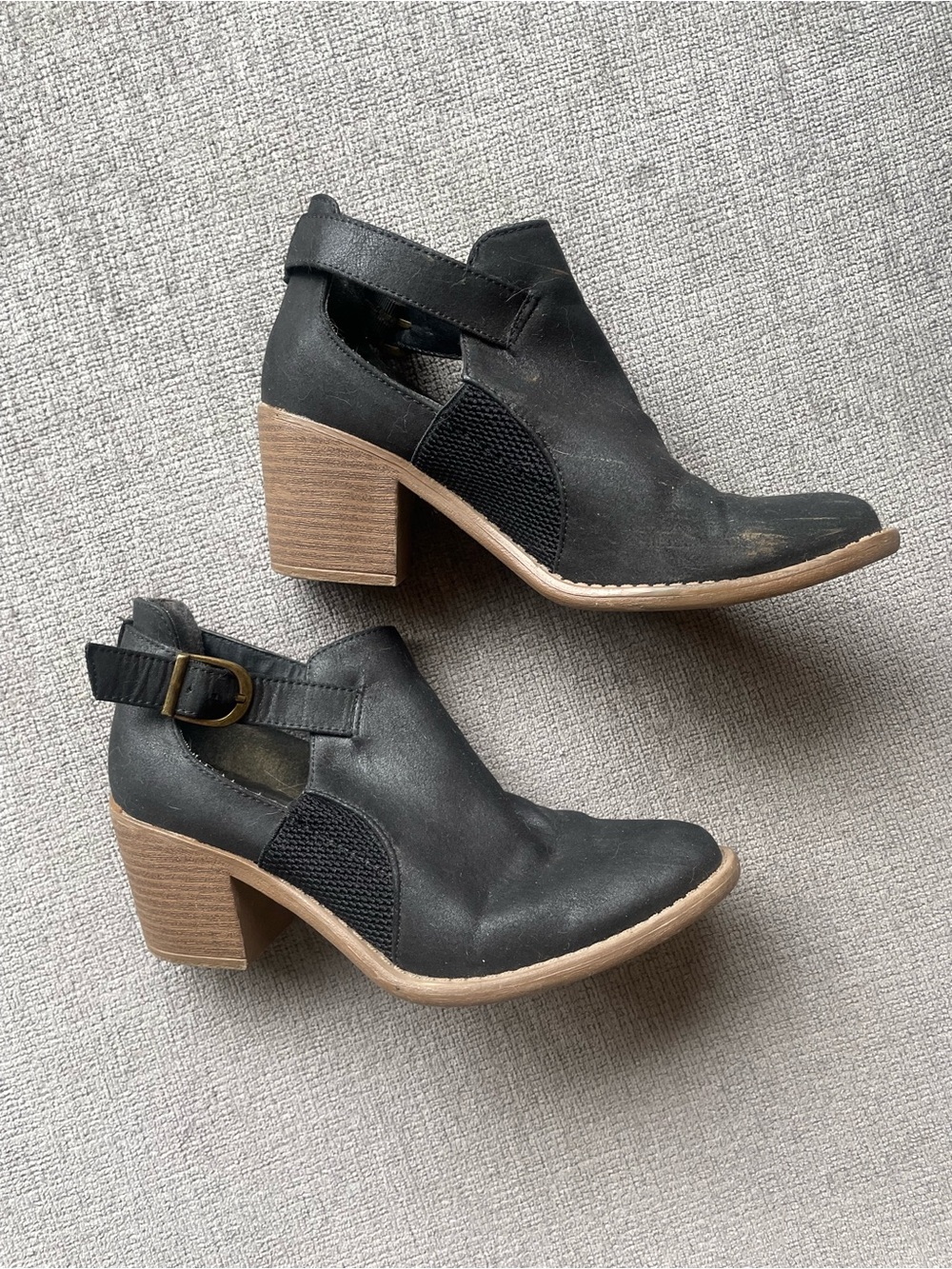 Qupid Black Cutout Heeled Ankle Booties with Tan Block Heel